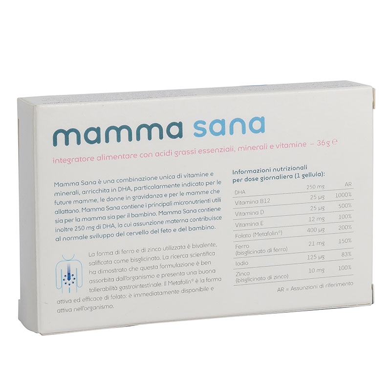 immagine della confezione integratore Mamma Sana, 30 cellule Metagenics, vista del retro e dei valori nutrizionali